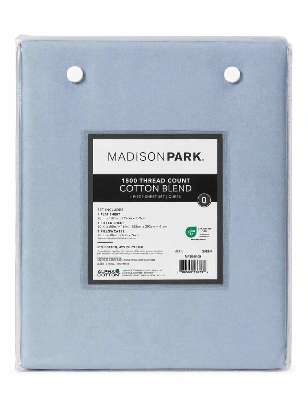 Madison Park Queen Blue 1500 TC Cotton Blend Sheet Set
